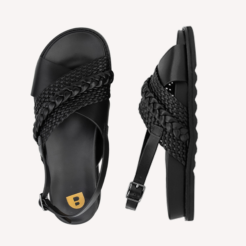 Garganey Black Leather Flat Sandals