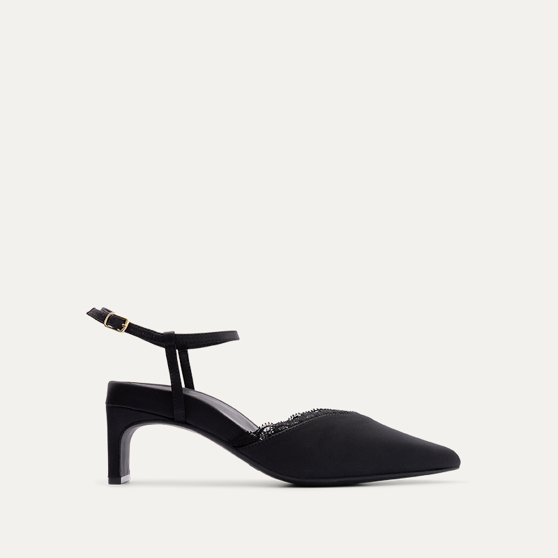 Whinchat Black Satin Low Heels
