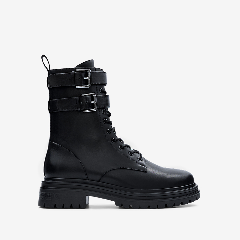 Pipra Black Leather Flat Boots