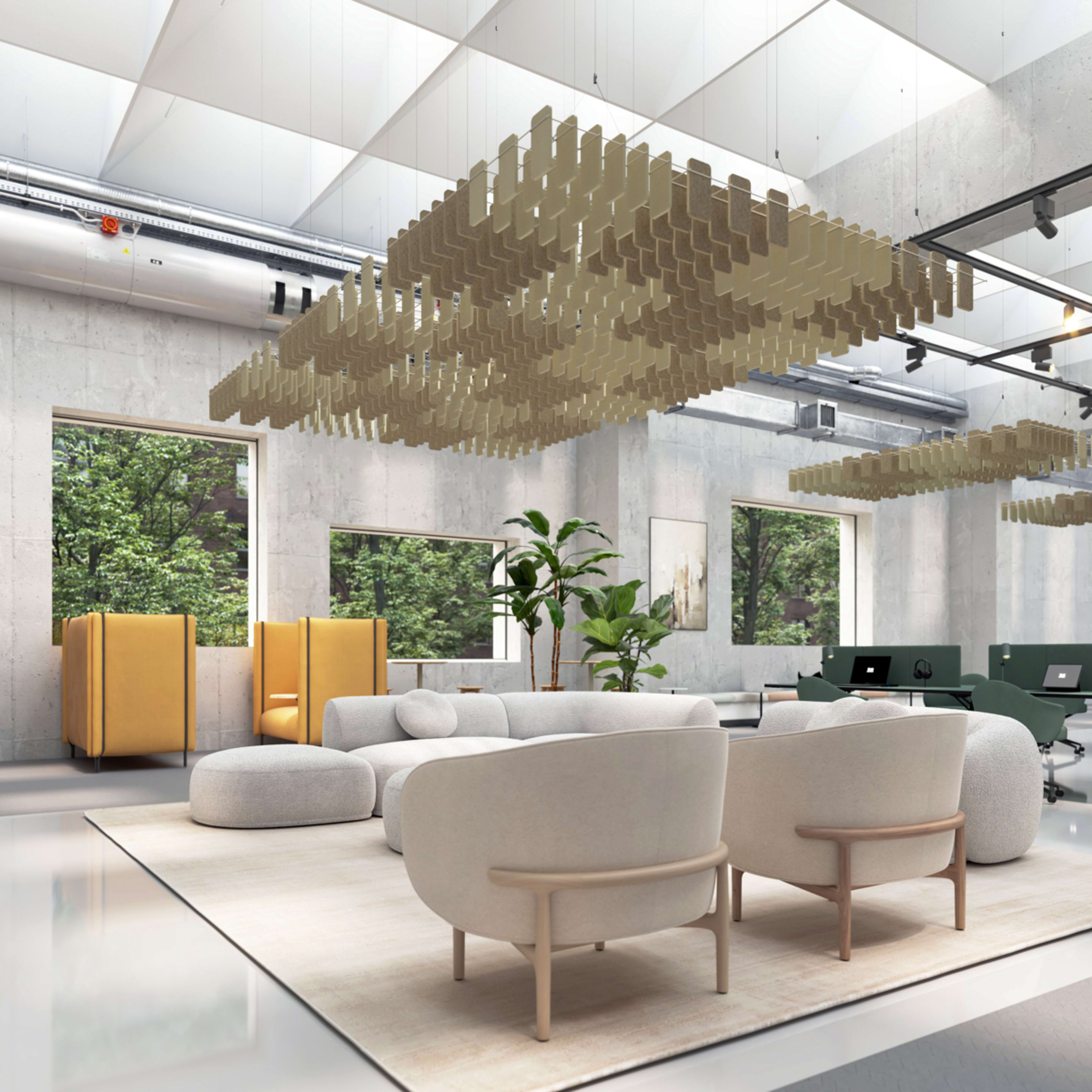 acoustic mesh baffle checkered pattern in corporate breakout space with lounges desks chairs