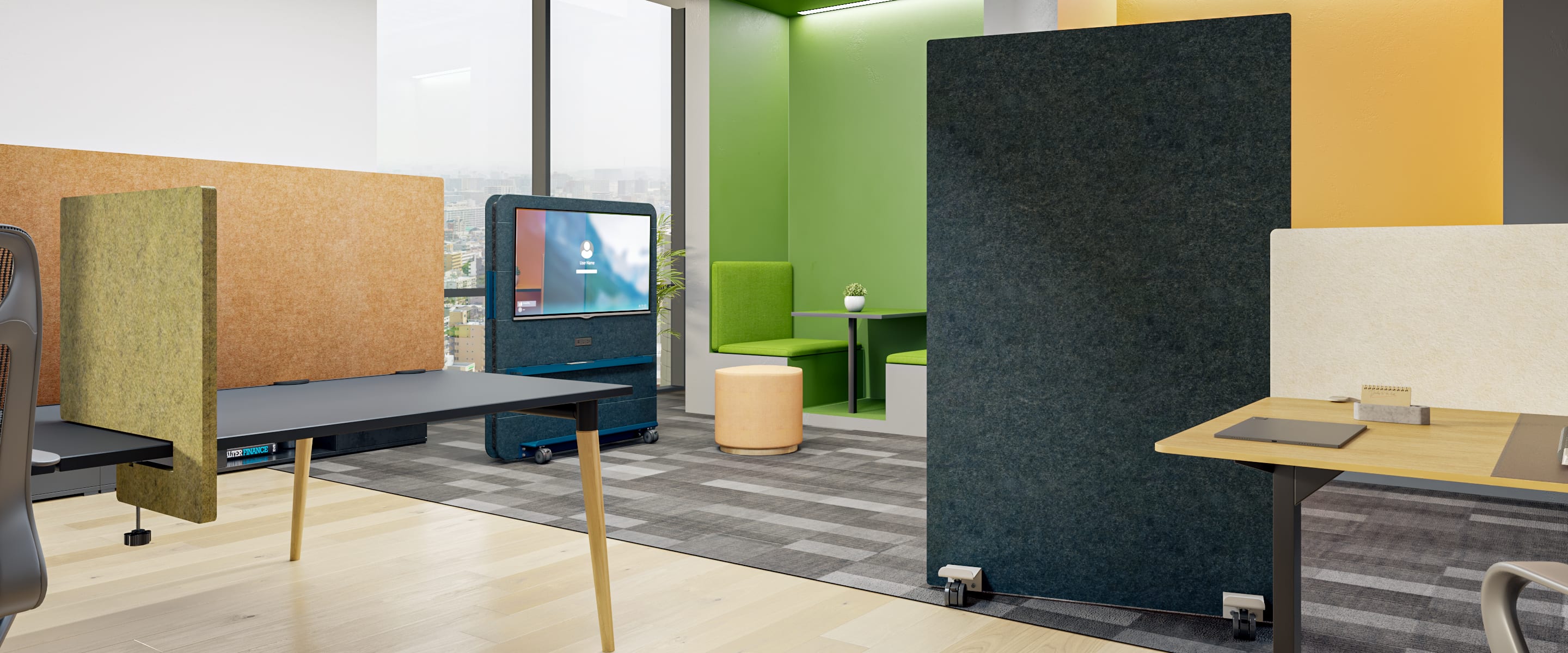 Contemporary office design showcasing the versatility of func mobile walls, desking screens, and dividers in creating flexible and adaptable workspaces.