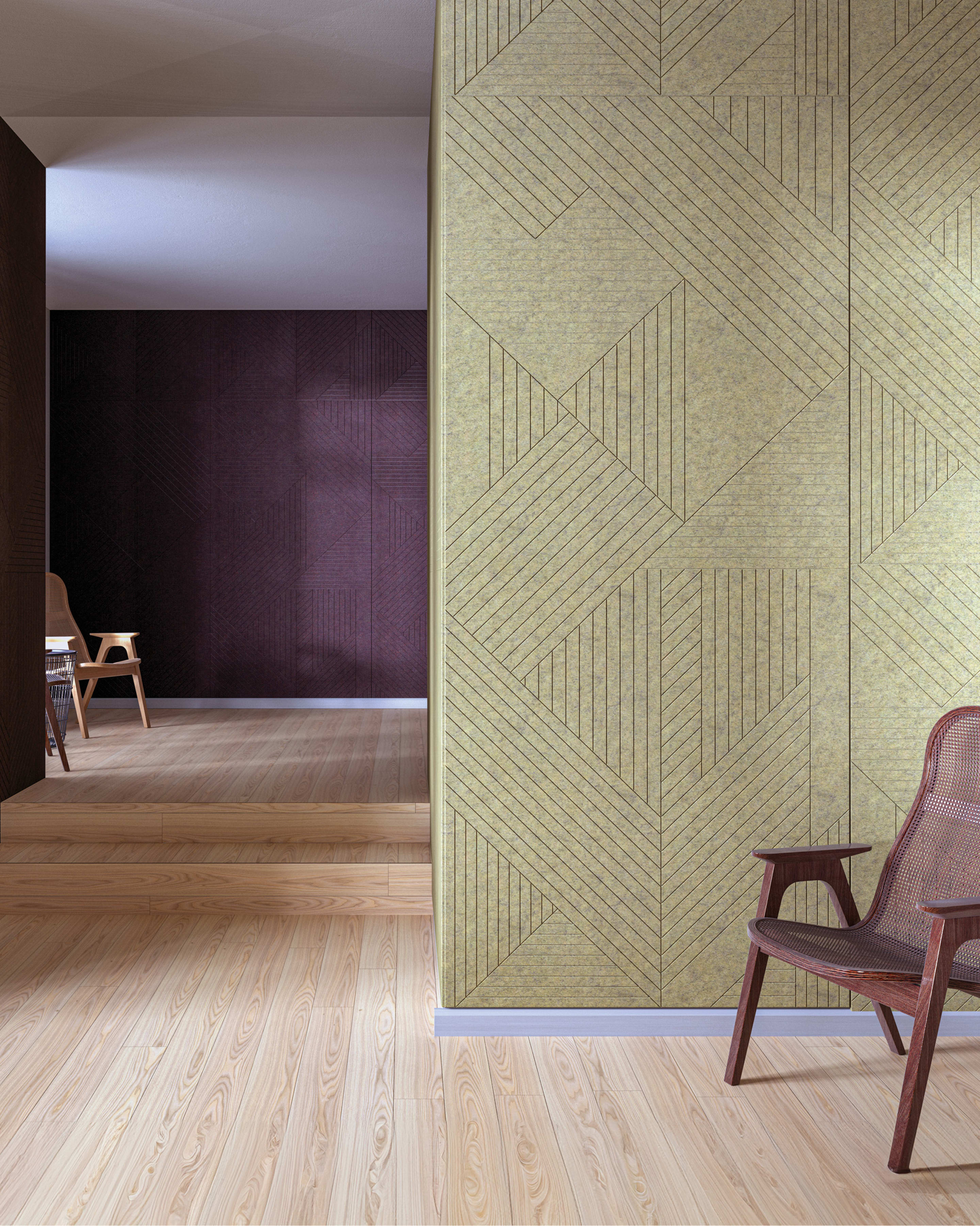 Interior design featuring a light-colored Zintra Etch Panel wall with a repeating geometric Tesselate pattern, providing acoustic treatment in a hallway leading to a second room with a contrasting purple etched wall.