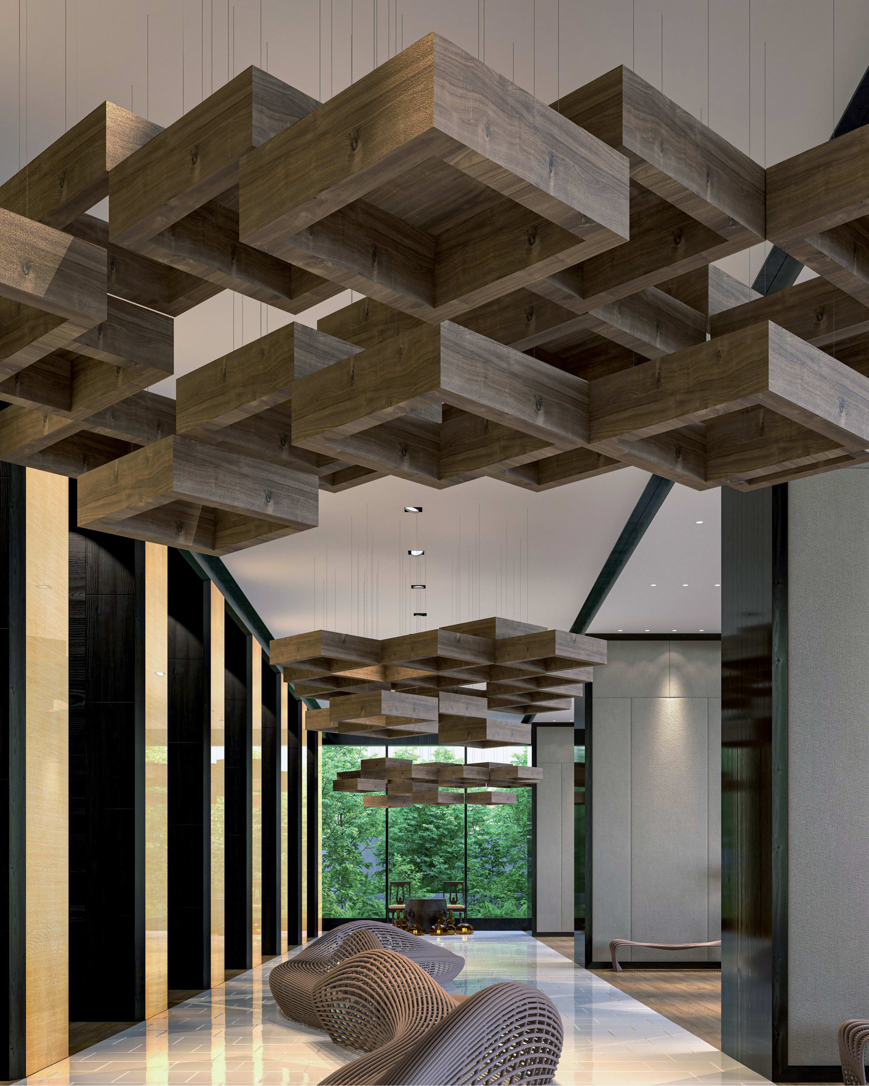 Modern lobby or corridor featuring a dramatic installation of large, suspended Zintra Beams Square acoustic modules with a dark wood grain finish, creating a grid pattern over a polished floor.