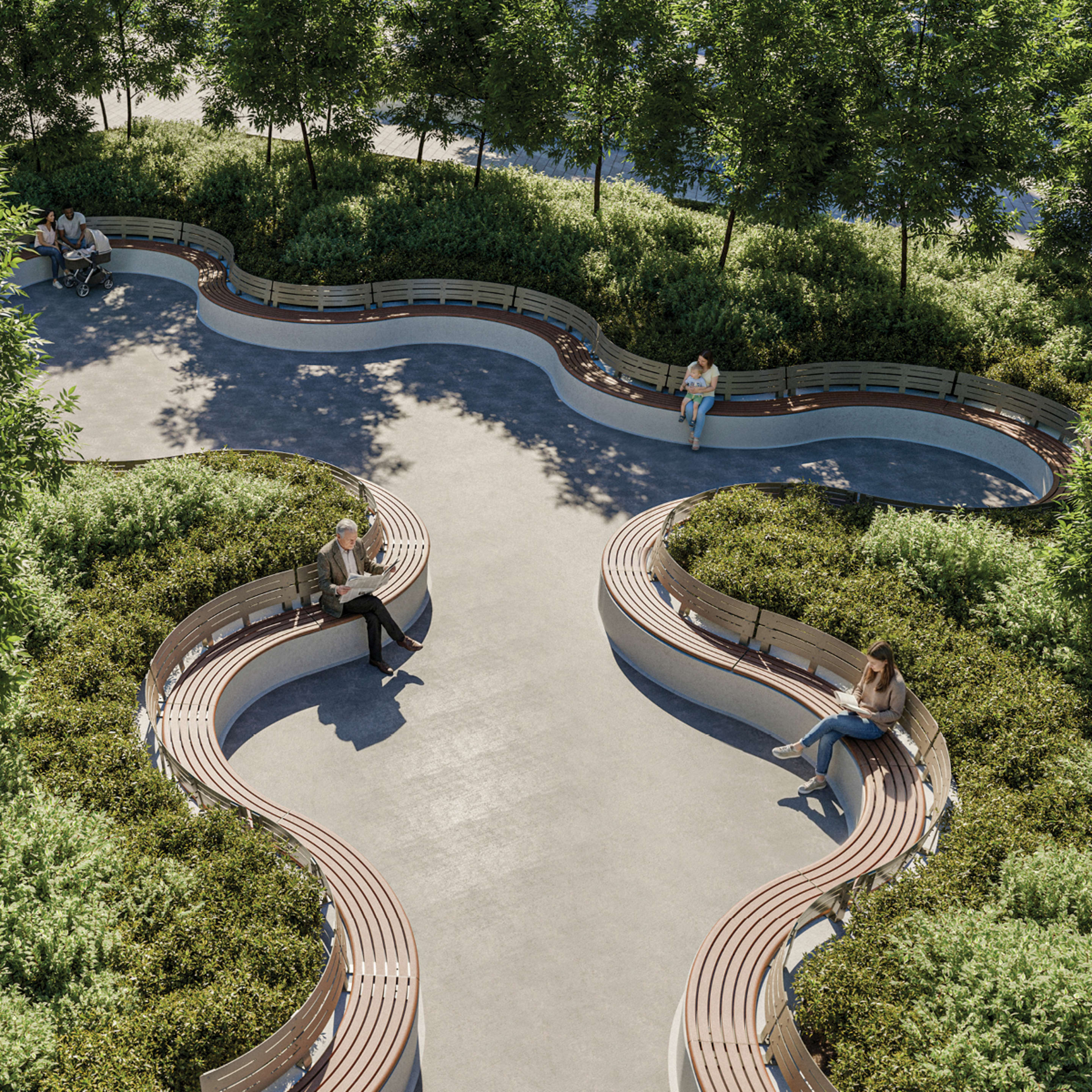 An aerial view of a public space featuring Avenue Form modular seating system by botton+gardiner in curved configurations
