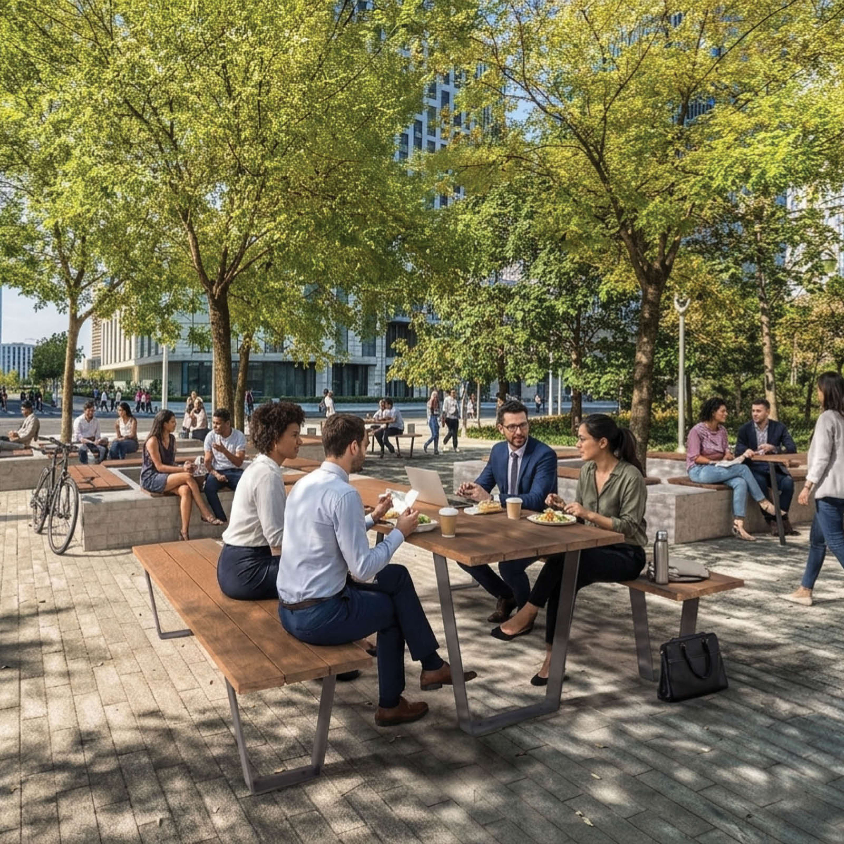 Commercial outdoor dining table and integrated benches from the botton+gardiner Avenue collection, styled for contemporary urban park and precinct design.