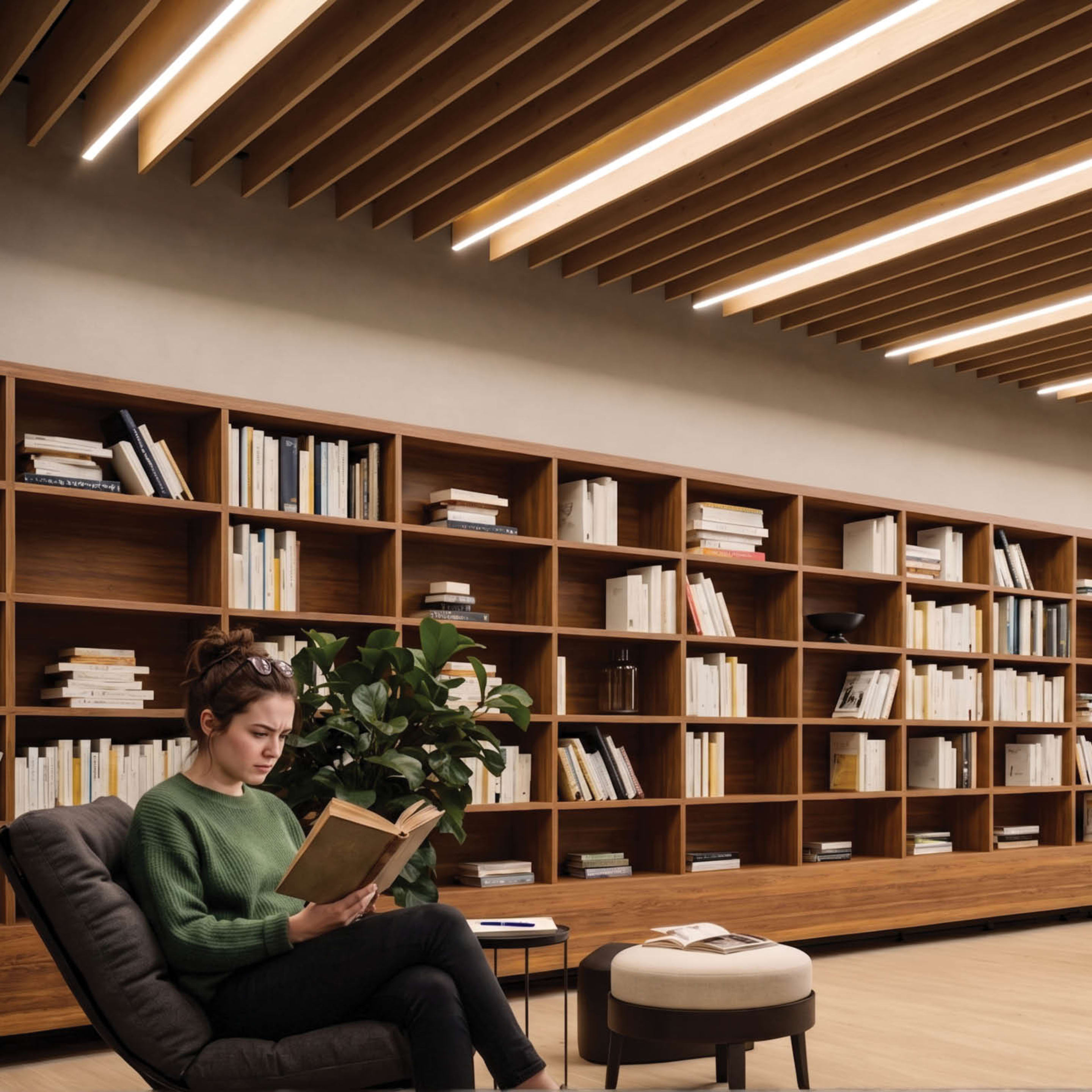 Student sitting in an armchair reading a book beneath ceiling-mounted Zintra acoustic lighting baffles in an educational third space.