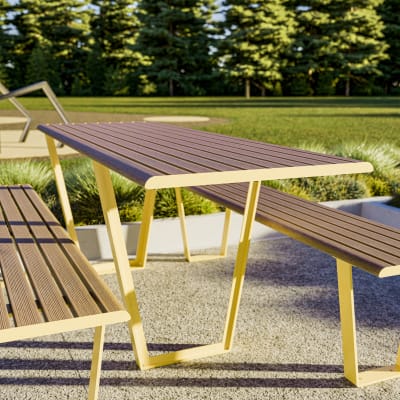 Avenue Form Table ADA + Straight Bench High | Golden Gum Alugrain | Zinc Yellow Avenue Form Table ADA + Straight Bench High | Golden Gum Alugrain | Zinc Yellow