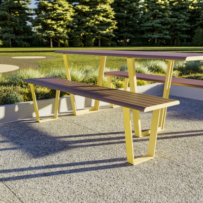Avenue Form Table ADA + Straight Bench High | Golden Gum Alugrain | Zinc Yellow Avenue Form Table ADA + Straight Bench High | Golden Gum Alugrain | Zinc Yellow