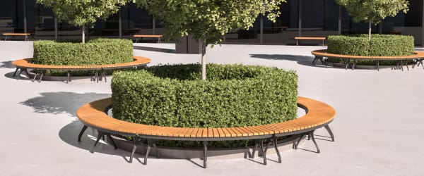 Stylish and functional Urban Curved benches from Botton & Gardiner, designed to integrate with landscaping and provide ample seating in urban environments.