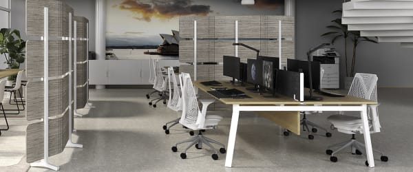 Contemporary open-plan office showcasing Func Mallee floor screens with a textured, natural finish used to create zones within the workspace, complemented by modern white chairs, shared desks with multiple monitors, and a mural of the Sydney Opera House in the background. Landscape orientation