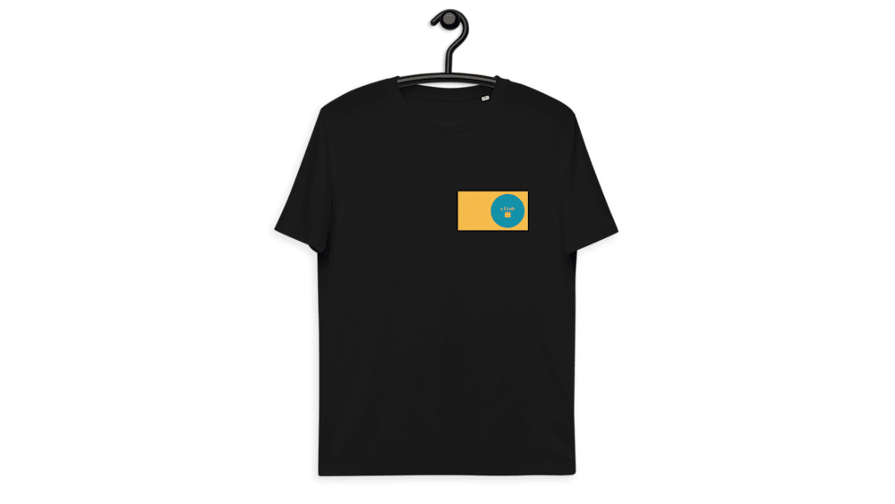 A black shirt with a yellow and blue circle on it.
