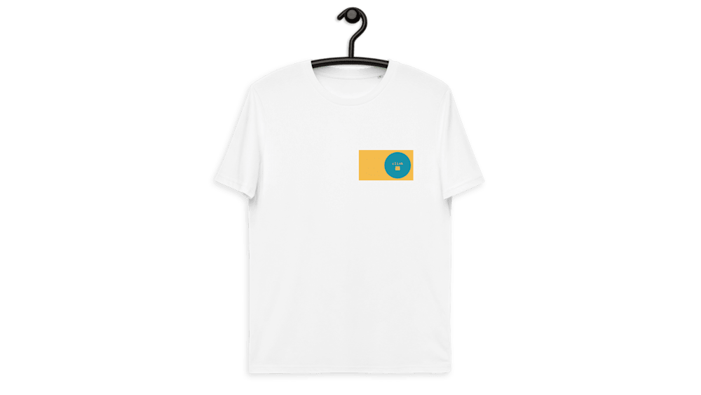 A white shirt with a blue and yellow patch on it.