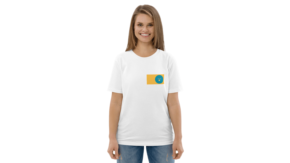 A woman wearing a white shirt with a blue and yellow circle on it.