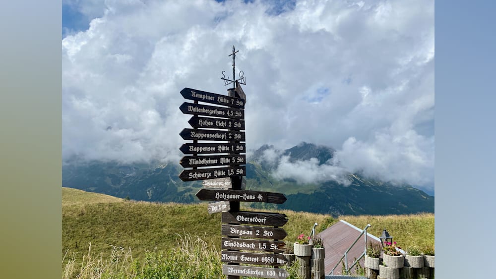 A signpost with directions to various locations is shown on a hillside.