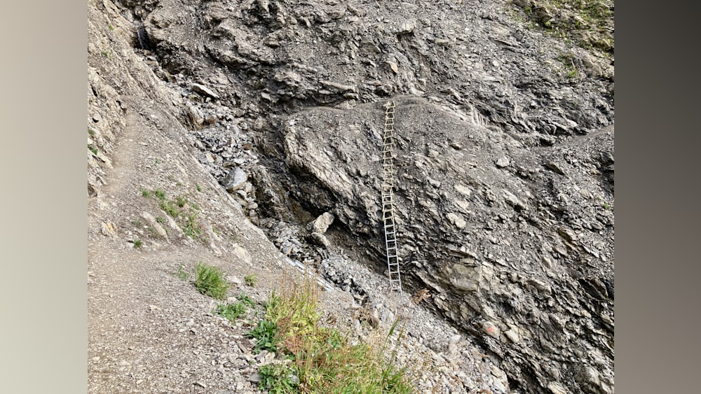 A ladder is set on a large rock face, leading to a rocky cliff below.