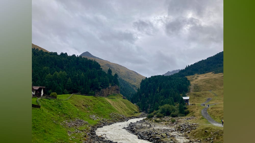 A stream of water flows down a mountainside surrounded by trees.