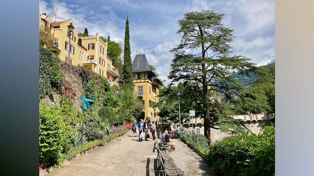 People walking on a path that has benches on either side.