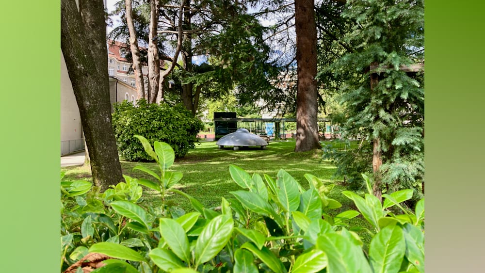 A dome structure sits in the middle of a grassy park with trees.