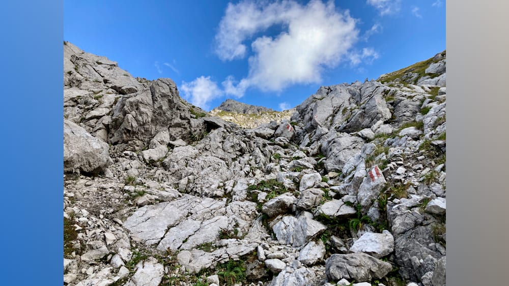 A rock outcropping with a path going up it and a sign that says follow on the side.