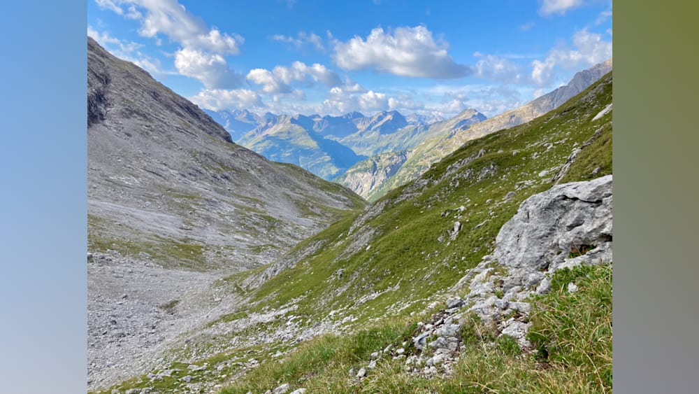 A valley with grass and a mountain in the background.