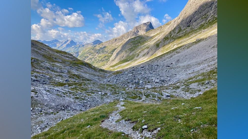 A path winds through a rocky, grassy field with mountains in the distance.