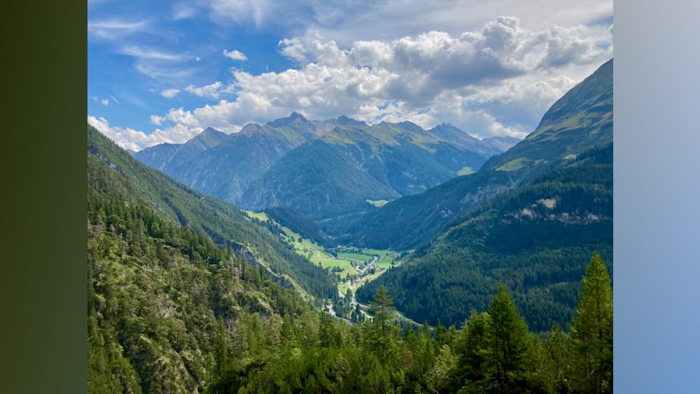 A valley with trees and grasses in the mountains is shown with a sky in the background.
