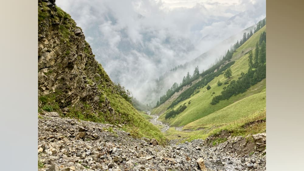 A rocky mountain side with a stream and trees.