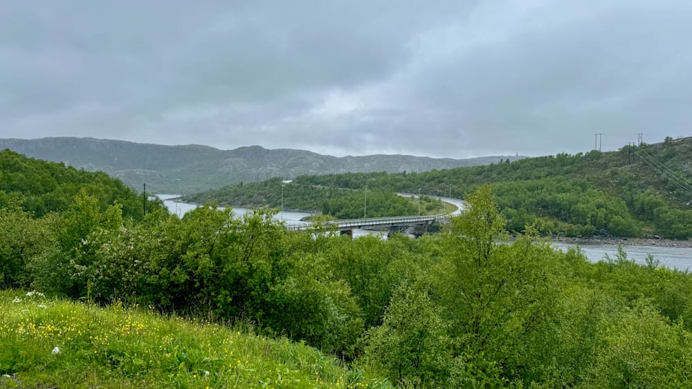 A bridge over a river is seen in the distance with trees in the foreground.