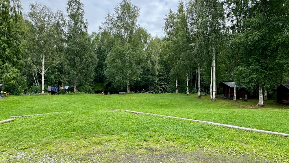 A large, grassy field with trees in the background.
