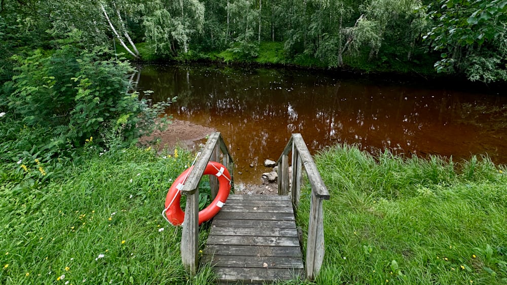 A life saver ring on a wooden post sits in the grass next to a river.