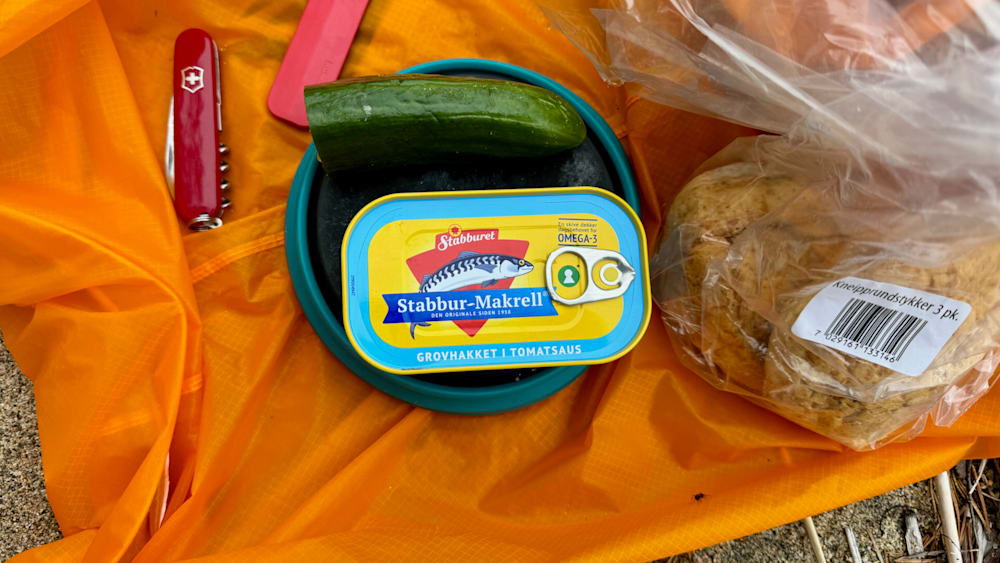 A can of fish sits on a towel next to a piece of bread and a cucumber.