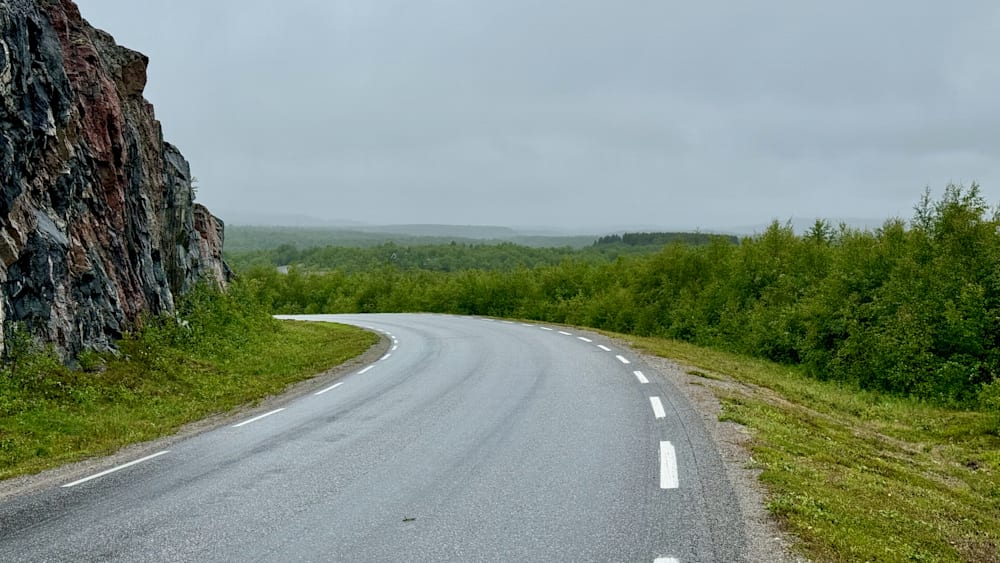 A large, empty, one-way street is depicted with trees in the background.