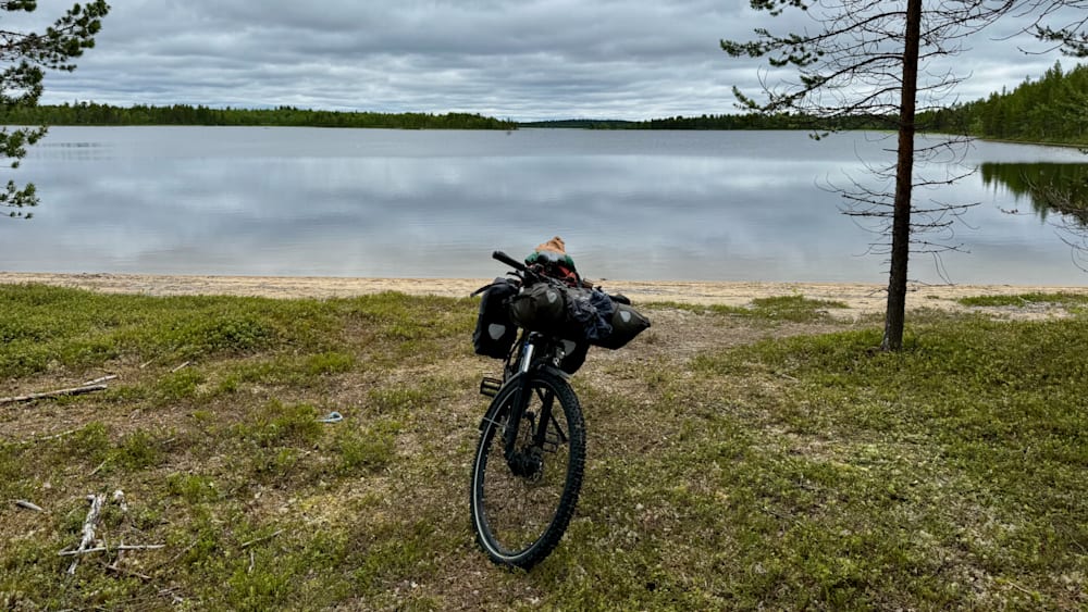 A mountain bike is sitting on the grass next to a body of water.