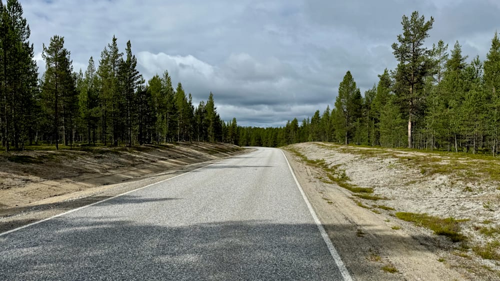 An empty road surrounded by trees is depicted with a slightly cloudy sky in the background.