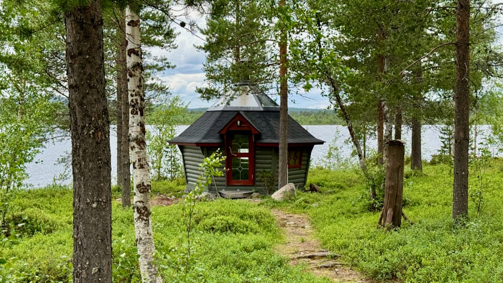 A log cabin is surrounded by trees and sits by a body of water.