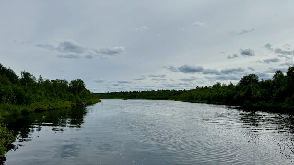 A river is shown with trees in the background.