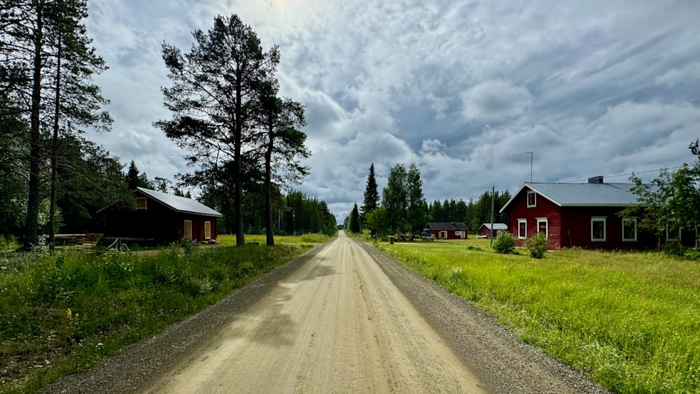 A dirt road leads to a row of red barns.