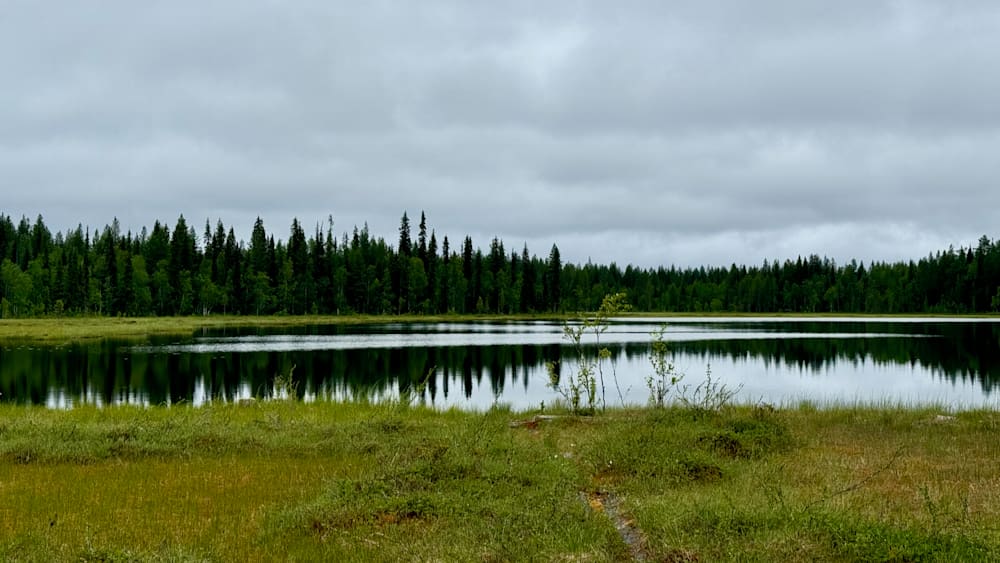 A lake surrounded by trees is shown with a reflection in the water.
