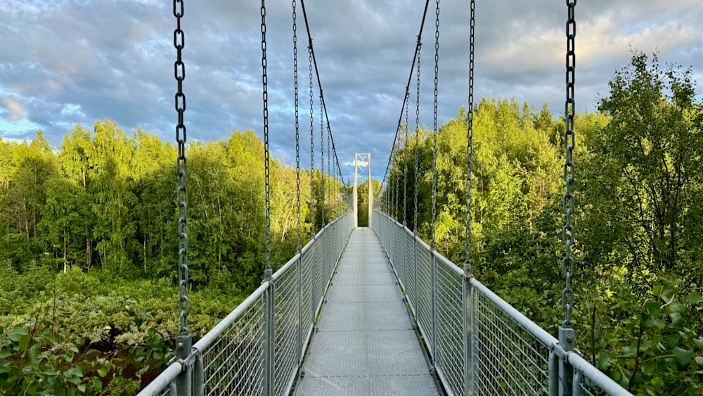 A bridge that goes over a body of water and is overcast with clouds.