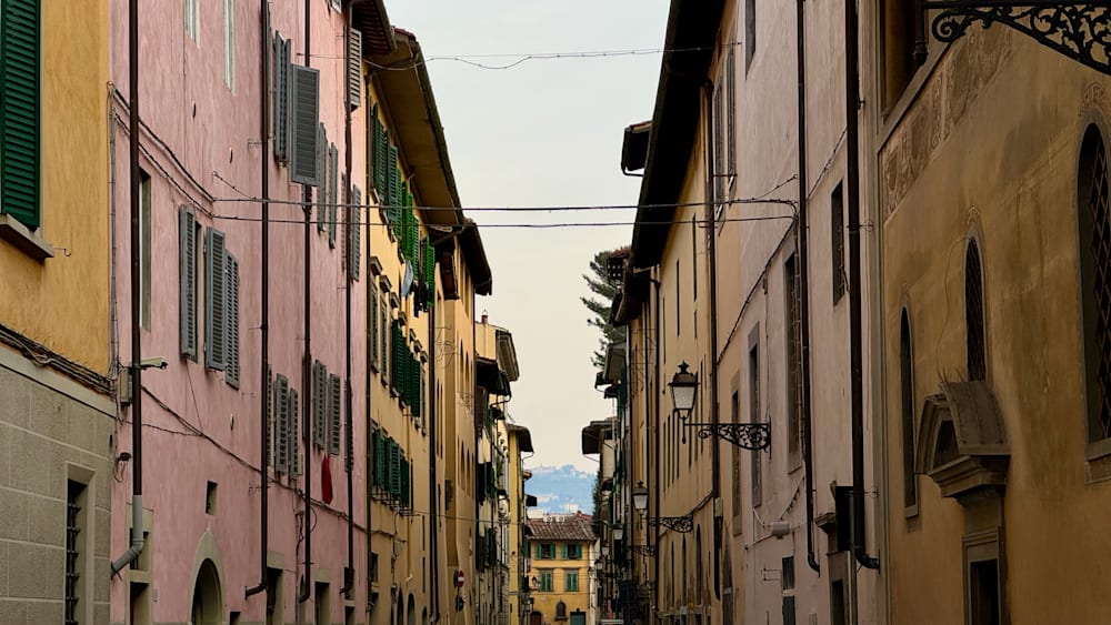 A long shot of a building with many windows taken from a narrow alleyway.