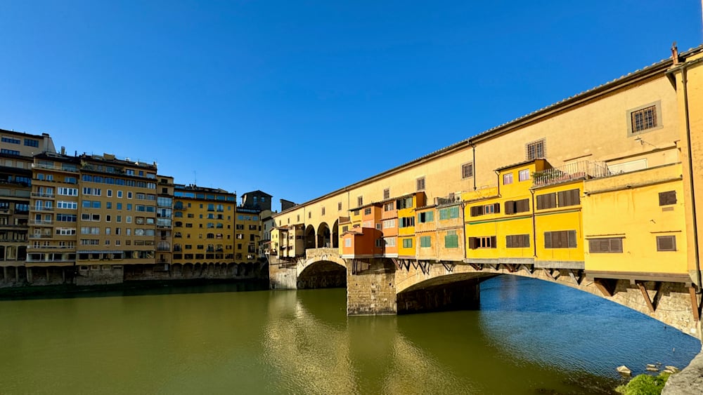 A bridge over a river with buildings on either side.