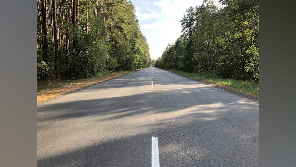 An empty road with trees in the background is exactly one lane wide.