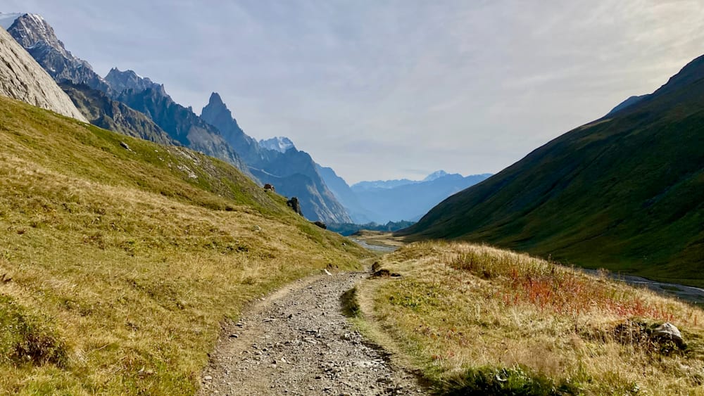 A path winds through a field with mountains in the distance.
