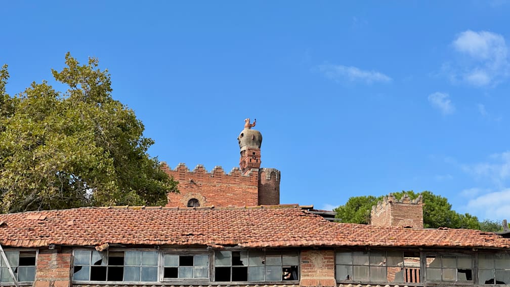 A building with a statue of a rooster on its roof has a hole in its window.