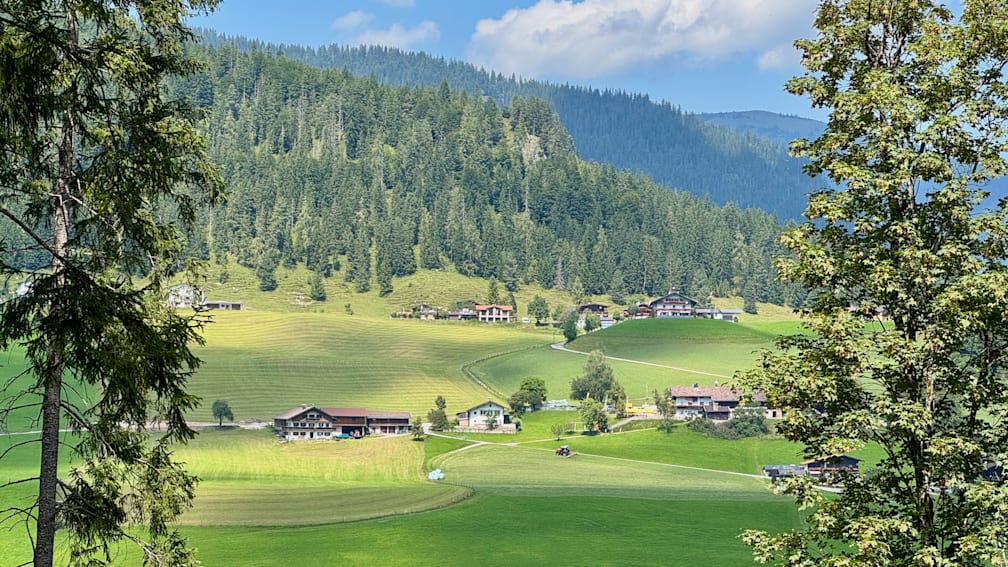 A valley with green grass and houses with a road going through it.