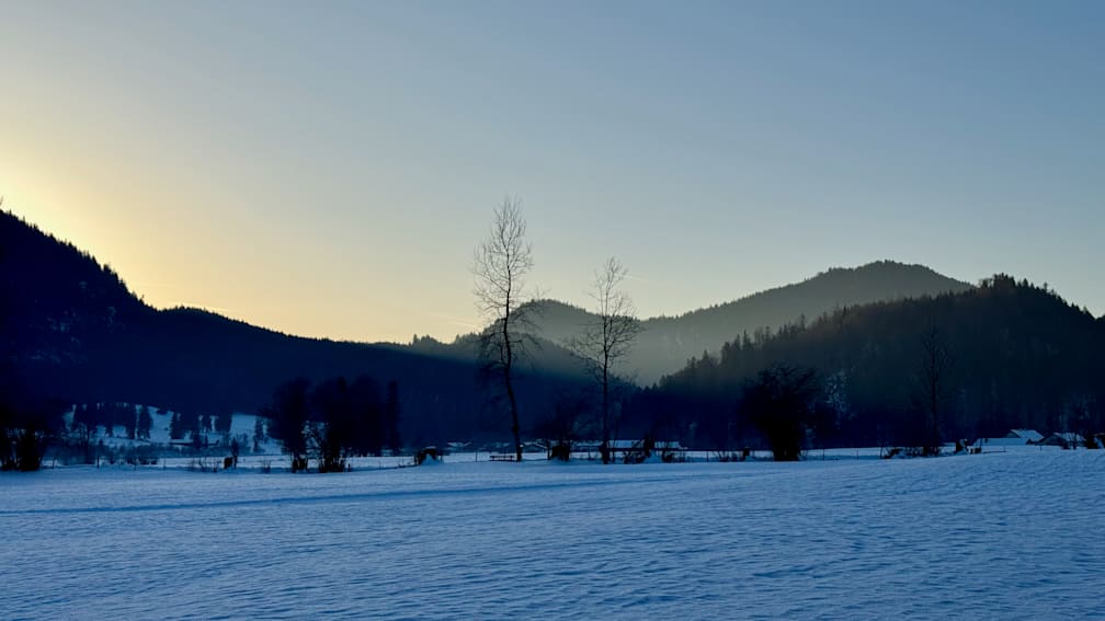 A field covered in snow with trees and a mountain in the background.