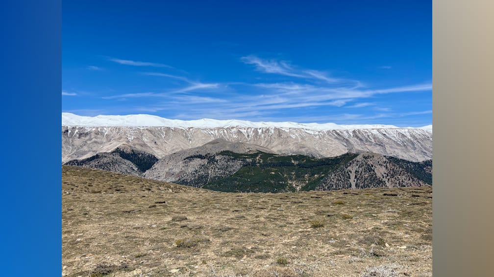 A mountain with a field at the bottom with trees and a blue sky.