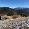 A snowy field with a cabin in the woods and a field of grass.
