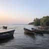 Several boats are in the water and the sun is setting.