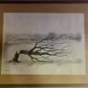 A pencil drawing of a tree with branches and a drawing of a house in the background.